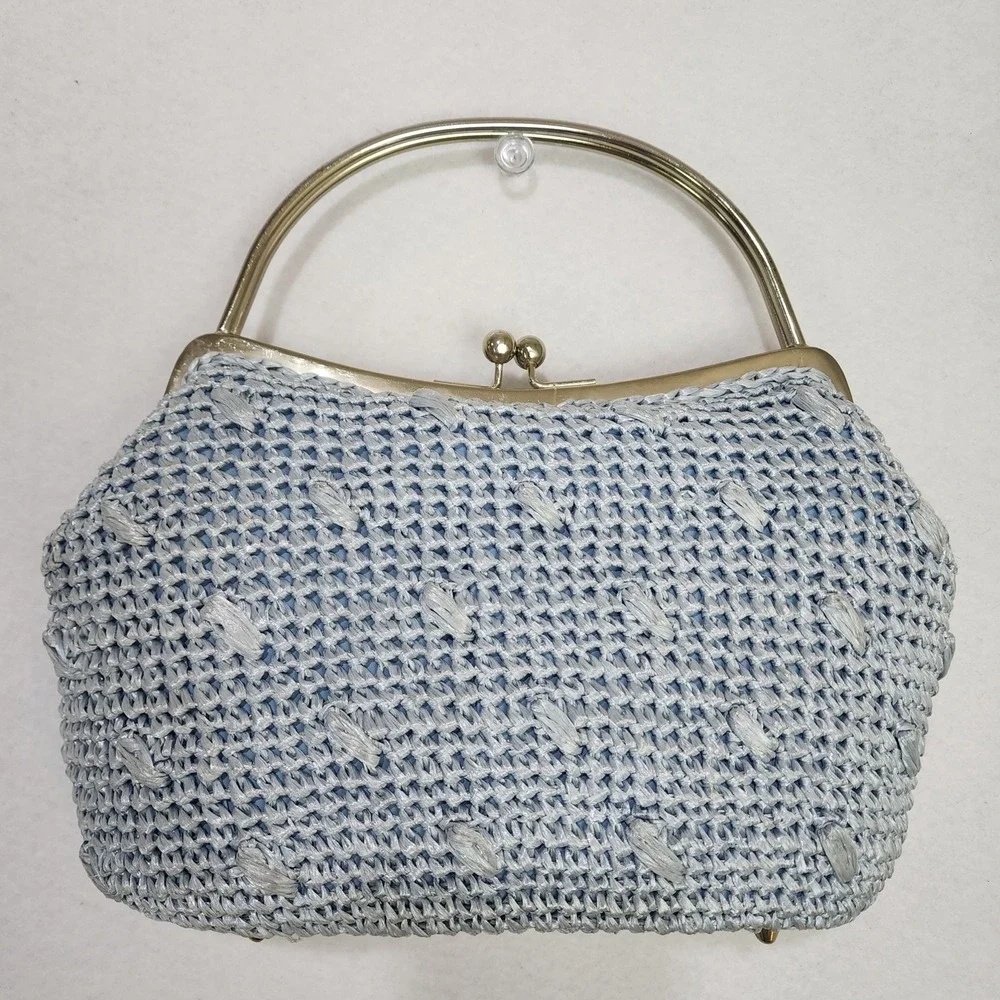 Vintage Gaymode Raffia Clutch Purse Womens Blue Woven Kiss Lock Inner Pocket